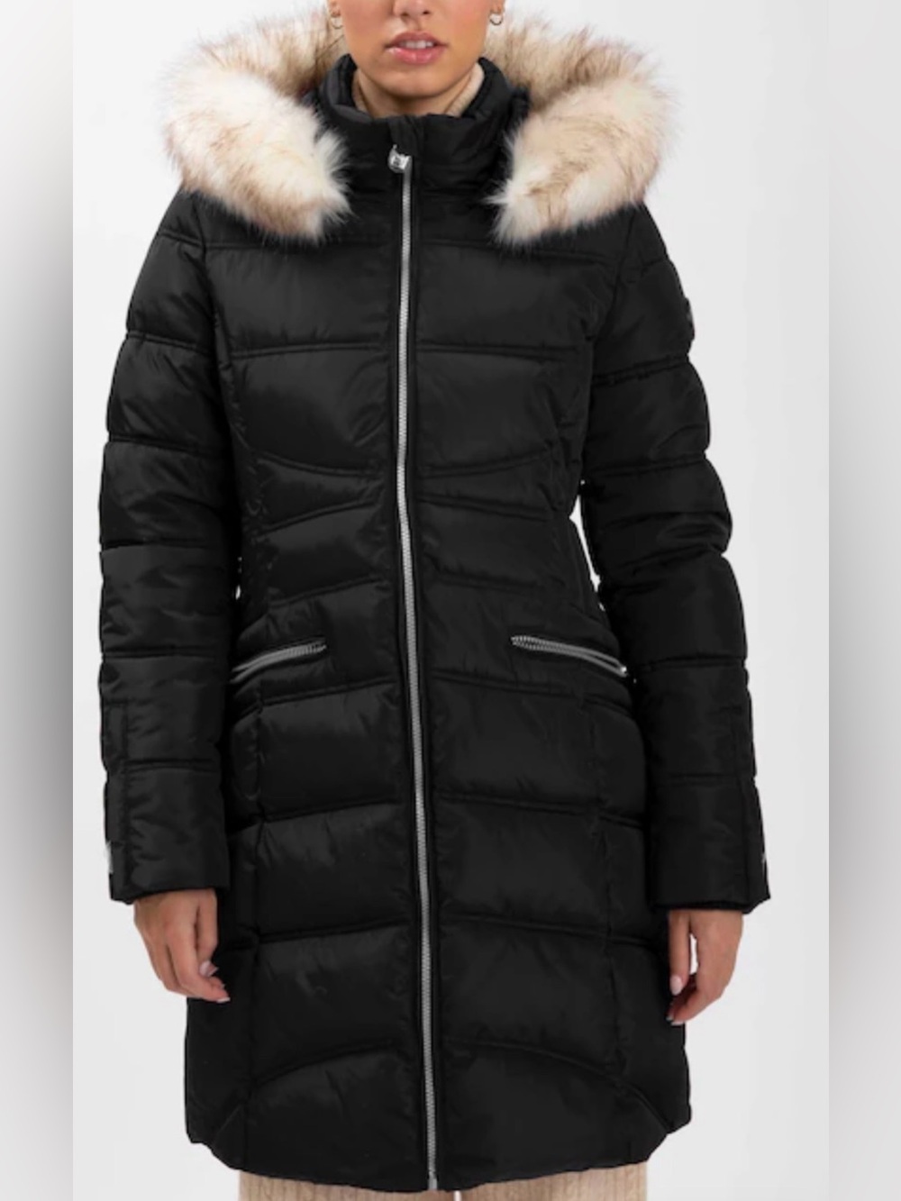 Point Zero Black Long Puffer Coat with Faux Fur Trim, Small, New with tags